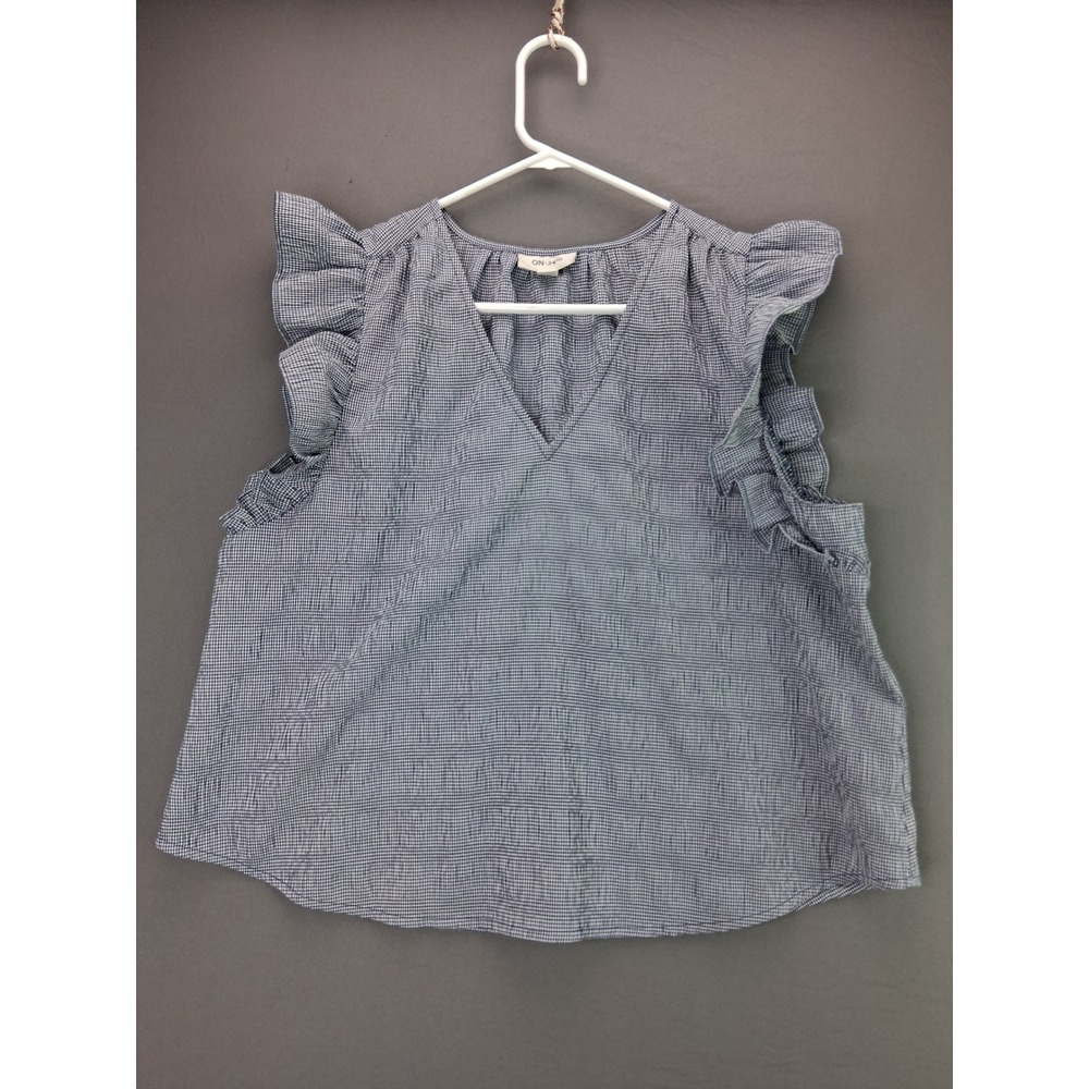 On-34th Gingham Ruffle Sleeve Top Womens Large Blue Seersucker V-Neck Blouse